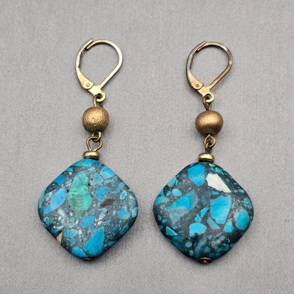 Faux Turquoise Dangle Earrings 2" Gold-Tone Accents & Lever Back Hooks - Picture 10 of 10
